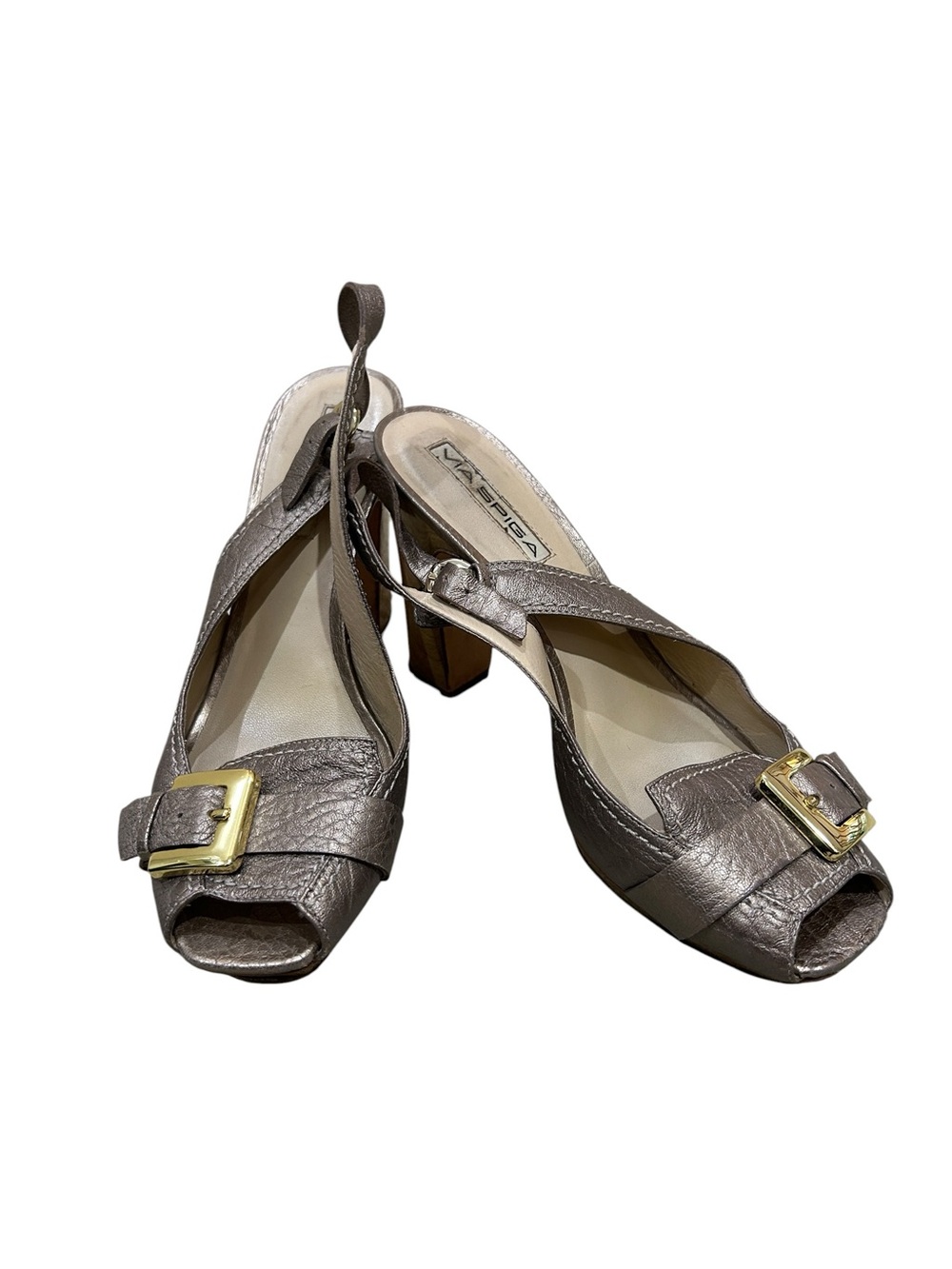 Via spiga Taupe champagne Leather Slingback Heels Gold Buckle block heel size 8